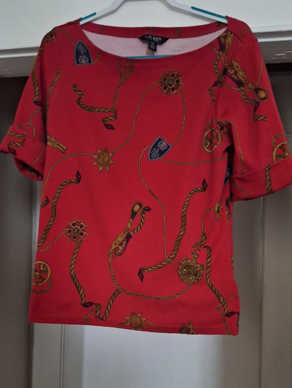 Ralph Lauren Red Short Sleeve Blouse with Gold Chain Motif